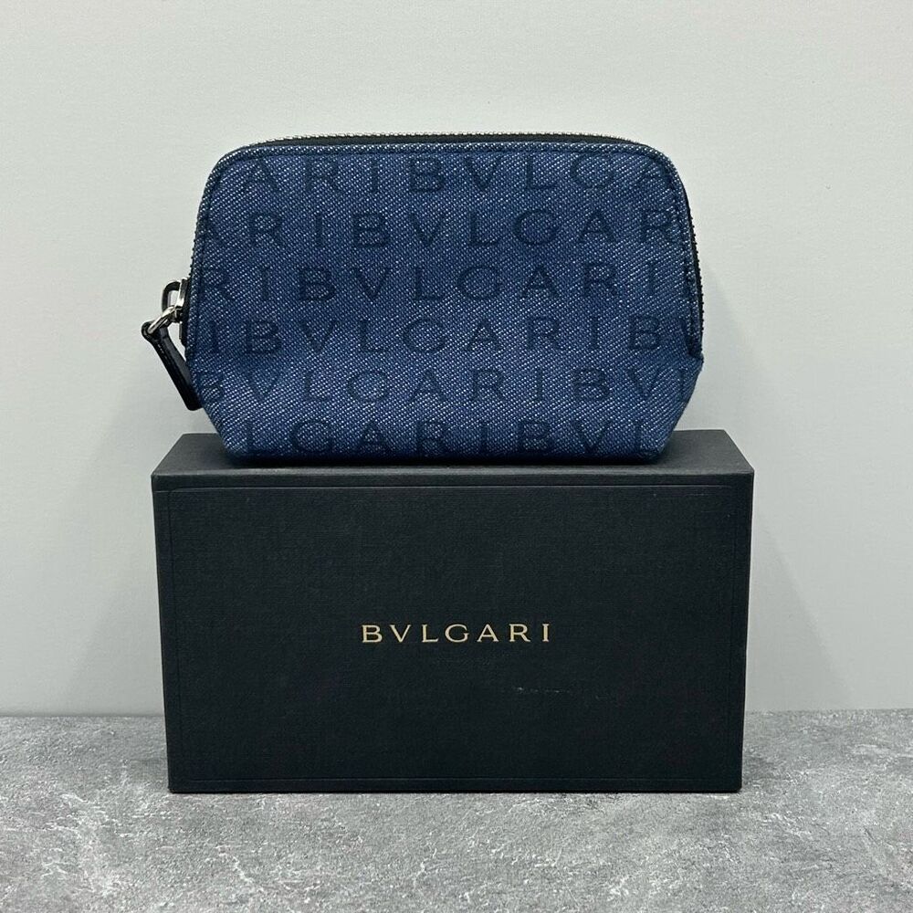 NWT Bulgari BVLGARI Logomania Blue Canvas Pouch Wallet Zip Around With Box